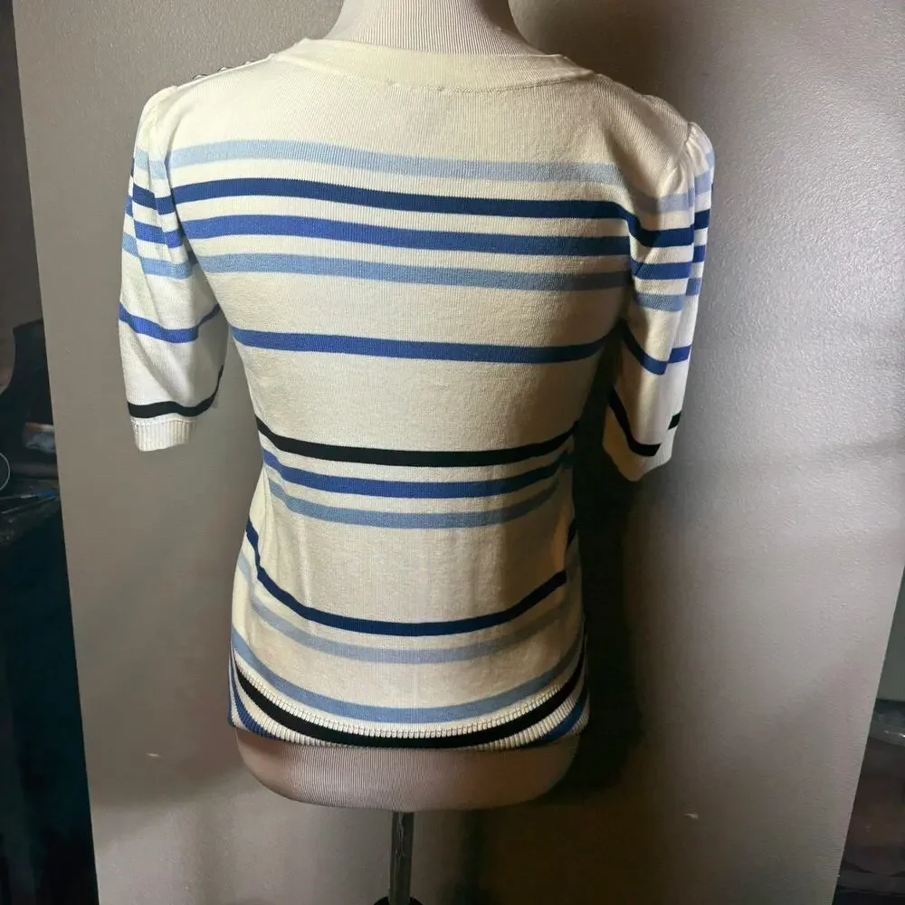 Talbots Womens Small  Pullover Sweater Short Puff Sleeve Blue White Stripe Retro